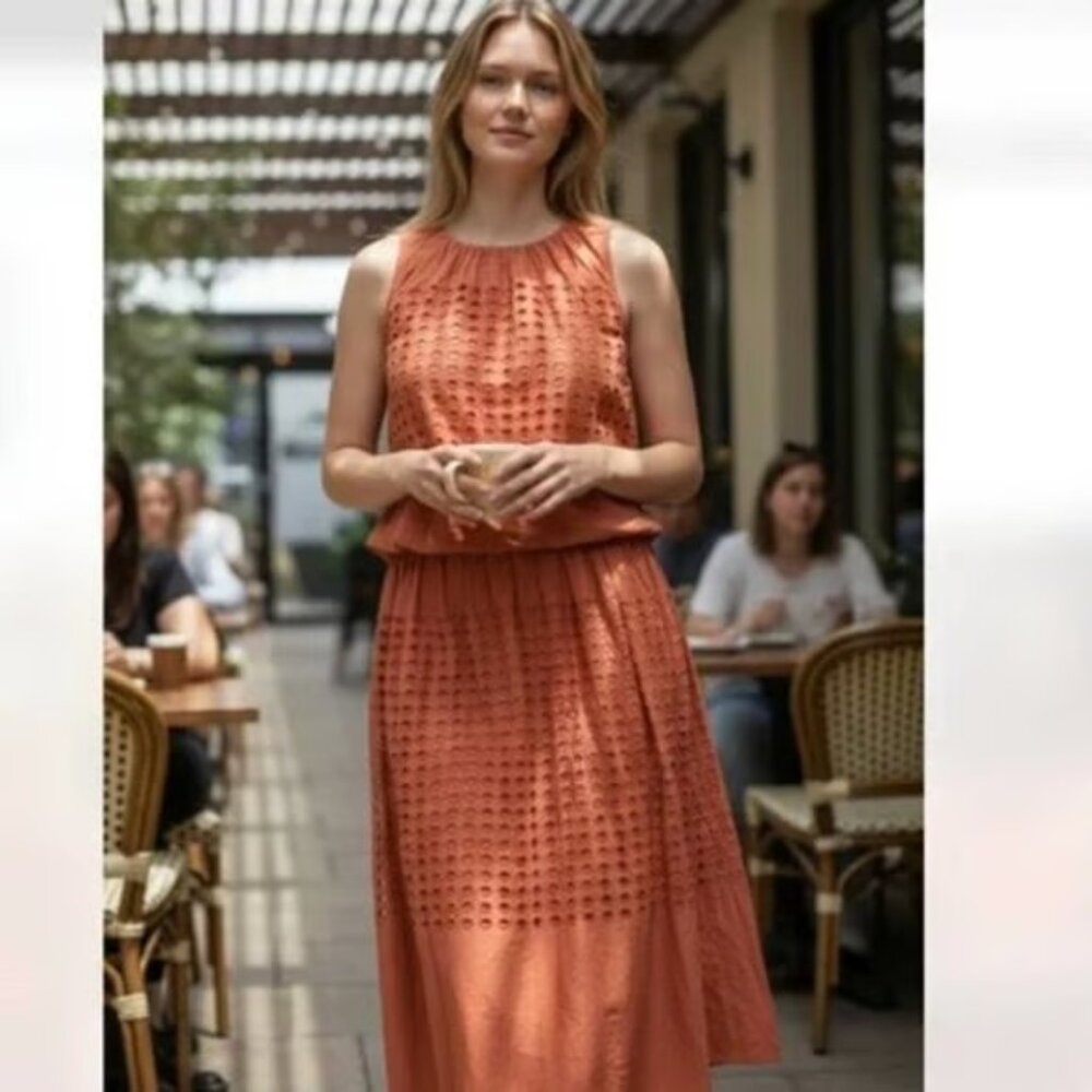 Sleeveless Eyelet Skirt Set in Terracotta